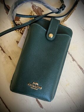Coach Green Leather Crossbody Phone Pouch with Gold Chain